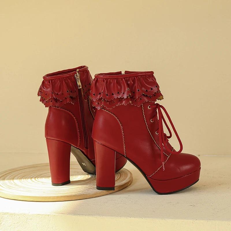 Fashion Autumn Winter Women Lolita Boots Japanese Sweet Faux Leather Shoes Ruffle Trim Lace Up Princess Lolita Cosplay Mid Calf Boots