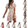 Damen Lässiges Modekleid mit V-Ausschnitt, Blumendruck, Kurzarm