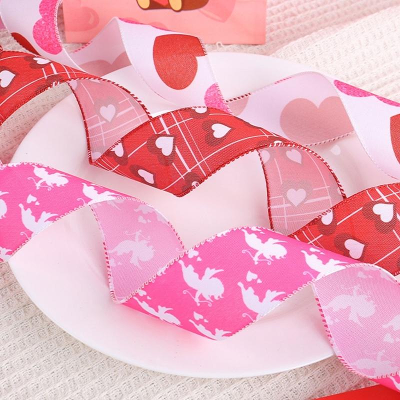 4 Rolls 5cm Valentines Day Wire Ribbon Gift Wrapping Ribbons for Wedding Wreath Hair Bows DIY Crafts with Heart Pattern