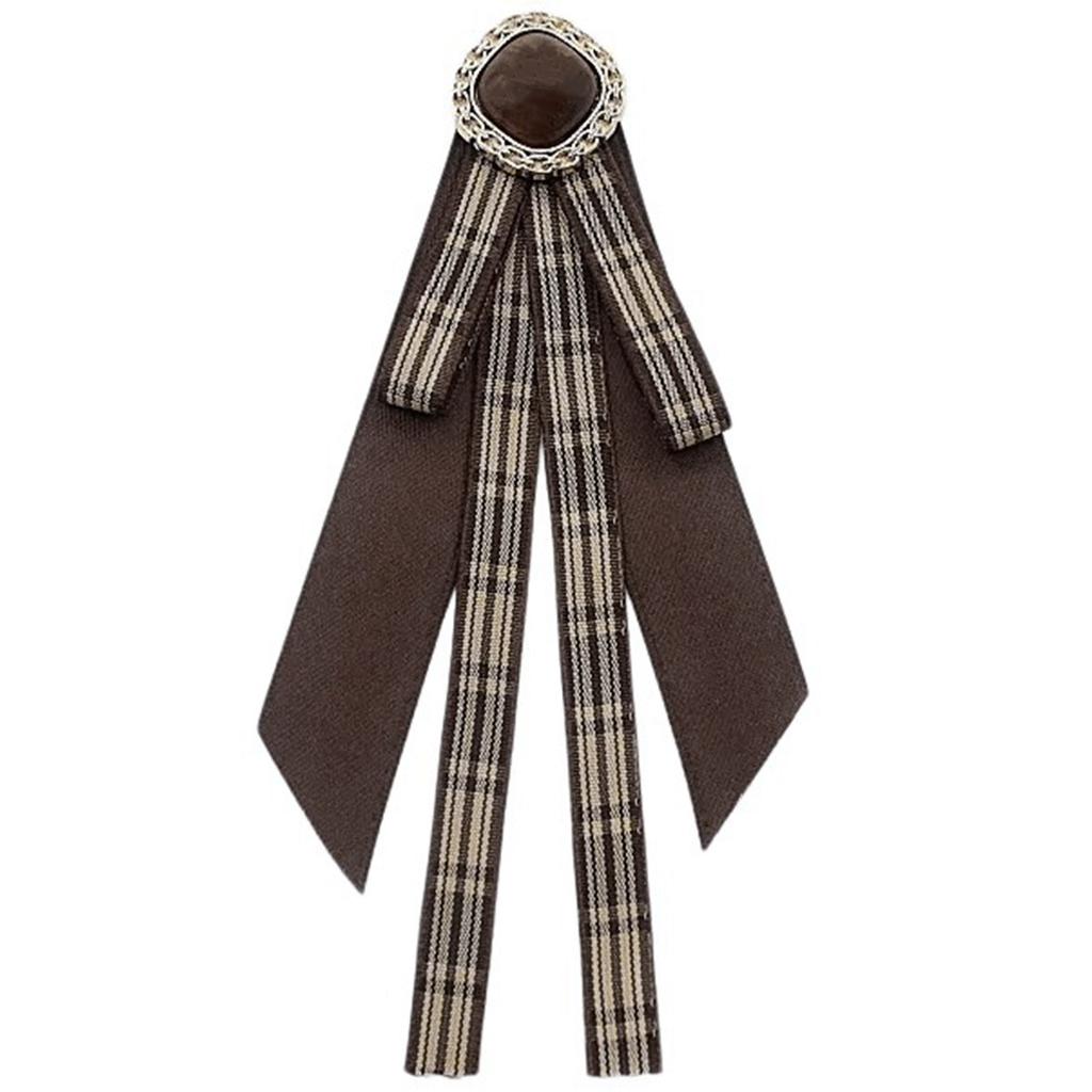 Vintage Brown Plaids Ribbon Bows Tie Brooch Pin for Women Girl Japanese Preppy Uniform Pre Tied Bowknot Corsage Necktie
