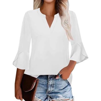 Frühlings-Sommer Damenhemd mit Rüschenkanten Siebenviertelärmel V-Ausschnitt Lässiges T-Shirt Top Blusen & Hemden
