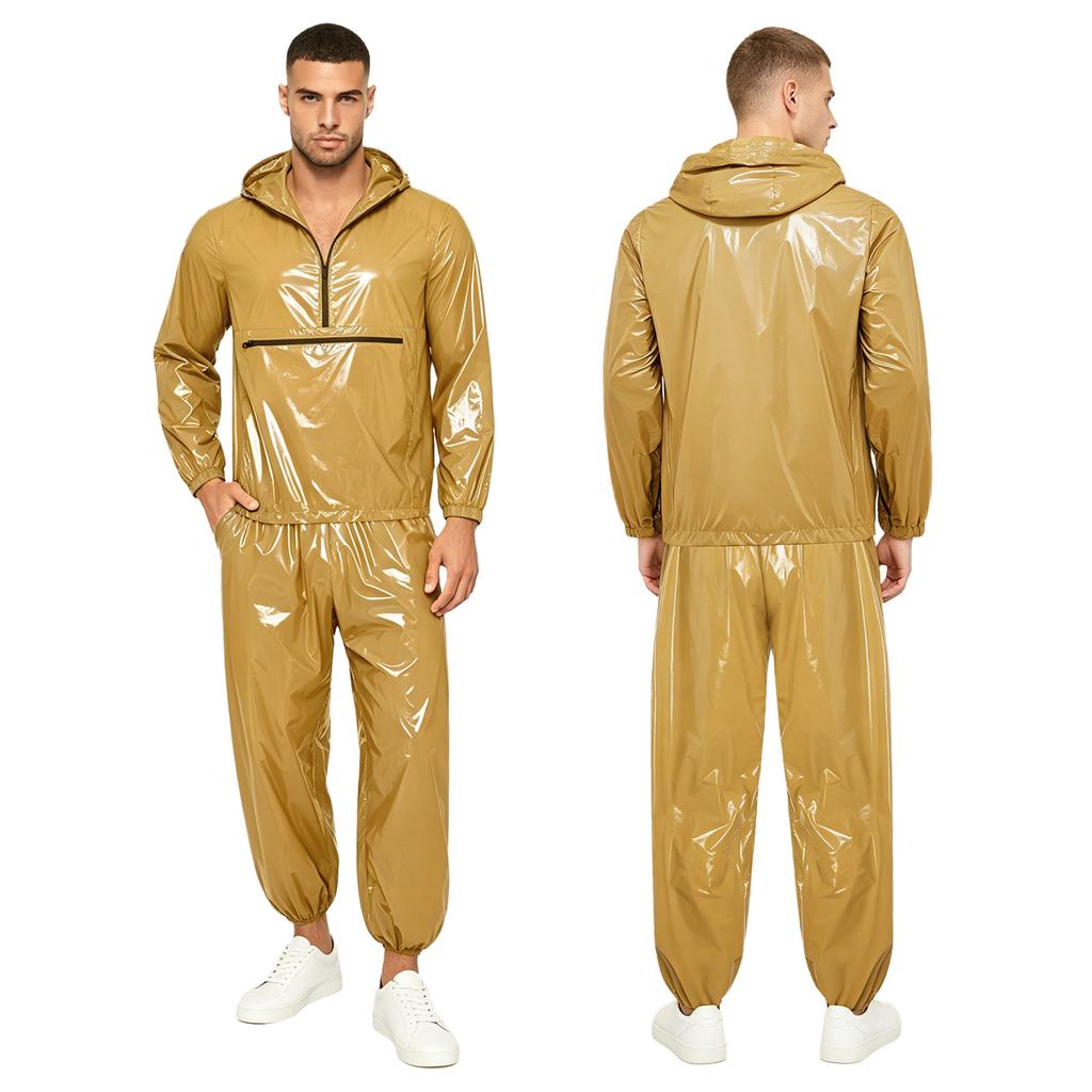 Men Waterproof Hip Hop Dance Outfit Long Sleeve Hooded Jacket with Jogging Pants Raincoat Windbreaker Streetwear Dancewear