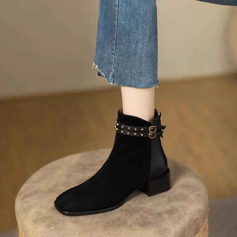 Shoes for Women 2025 Korean Fashion Square Toe Women's Boots Simple All-match Black Ankle Boots Stylish Office Ladies Shoes