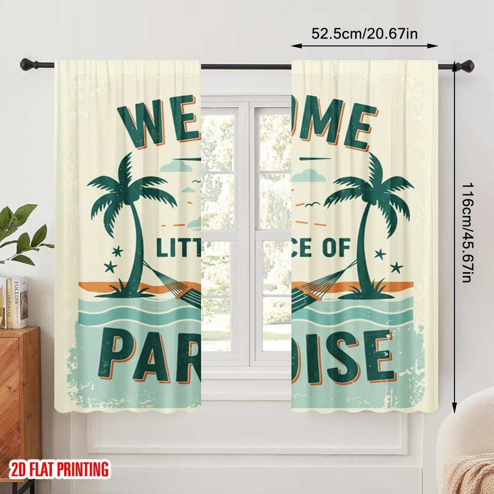 2 Stück 2D Flachdruck Fenstervorhänge Willkommen Kleines Stück Paradies Polyestergewebe Ohne Strom Festliche Feiertage für Zuhause