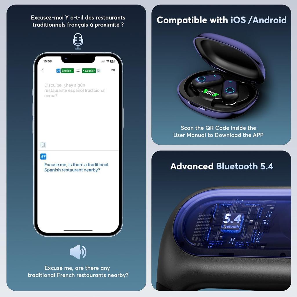 168 Languages AI Live Translation Earbuds Bluetooth 5.4 Touch Screen Earphones Real-Time Headphones Translator Fit iOS Android Ideal Business Learning