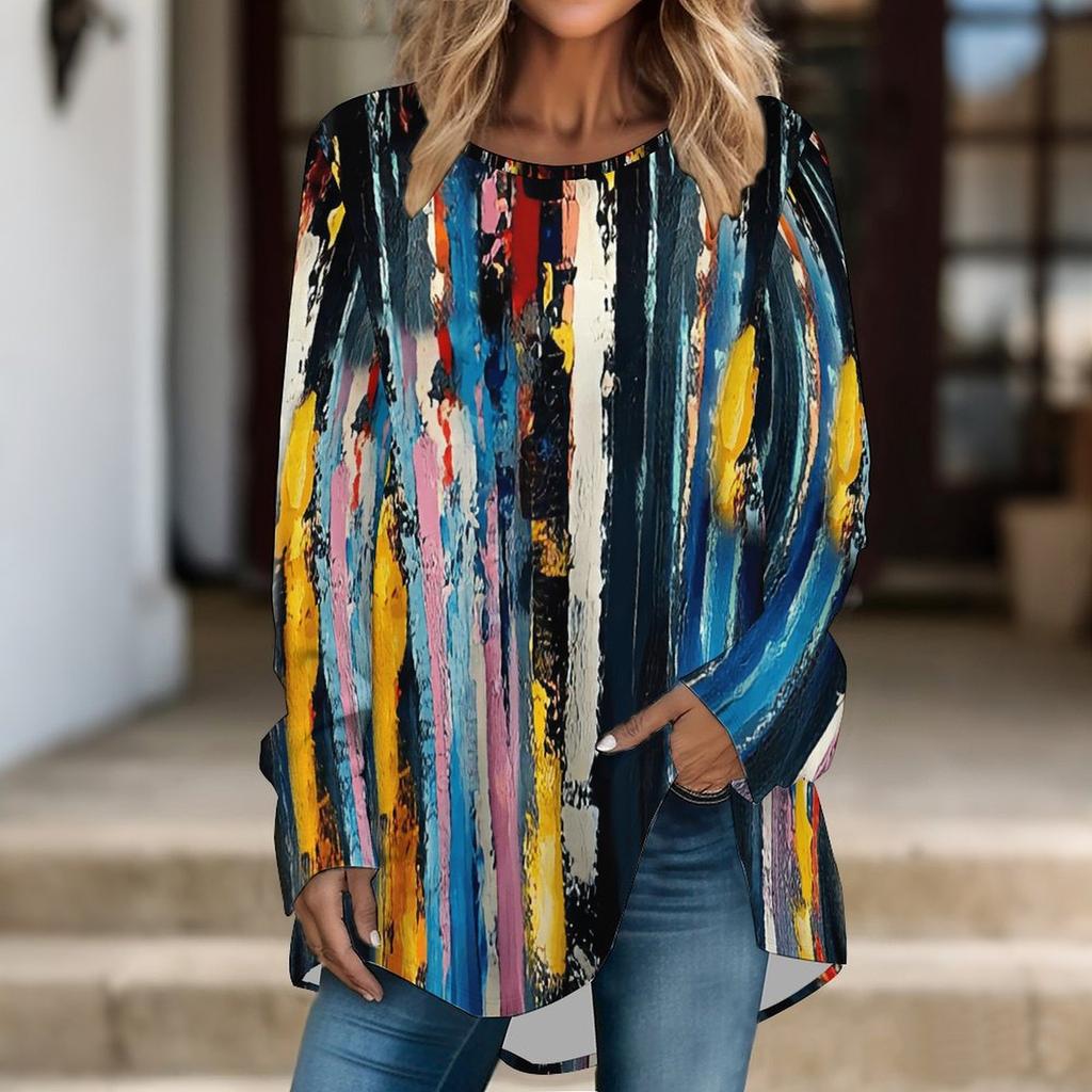 Women Long Sleeve Tunic Top Print Crew Neck Loose Fit Blouse With Pockets Casual Daily Wear Ladies Tops
