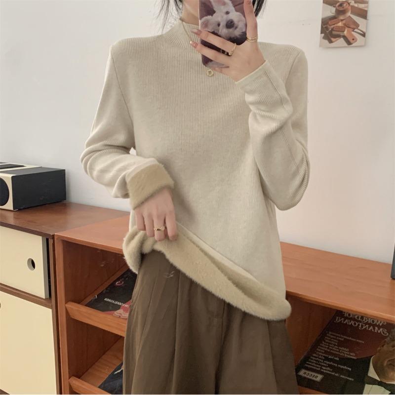 Autumn and Winter Thickened Inner Semi-turtleneck Loose Integrated Fleece Andy Fleece Sweater Women's Soft Waxy Knitted Bottoming Top