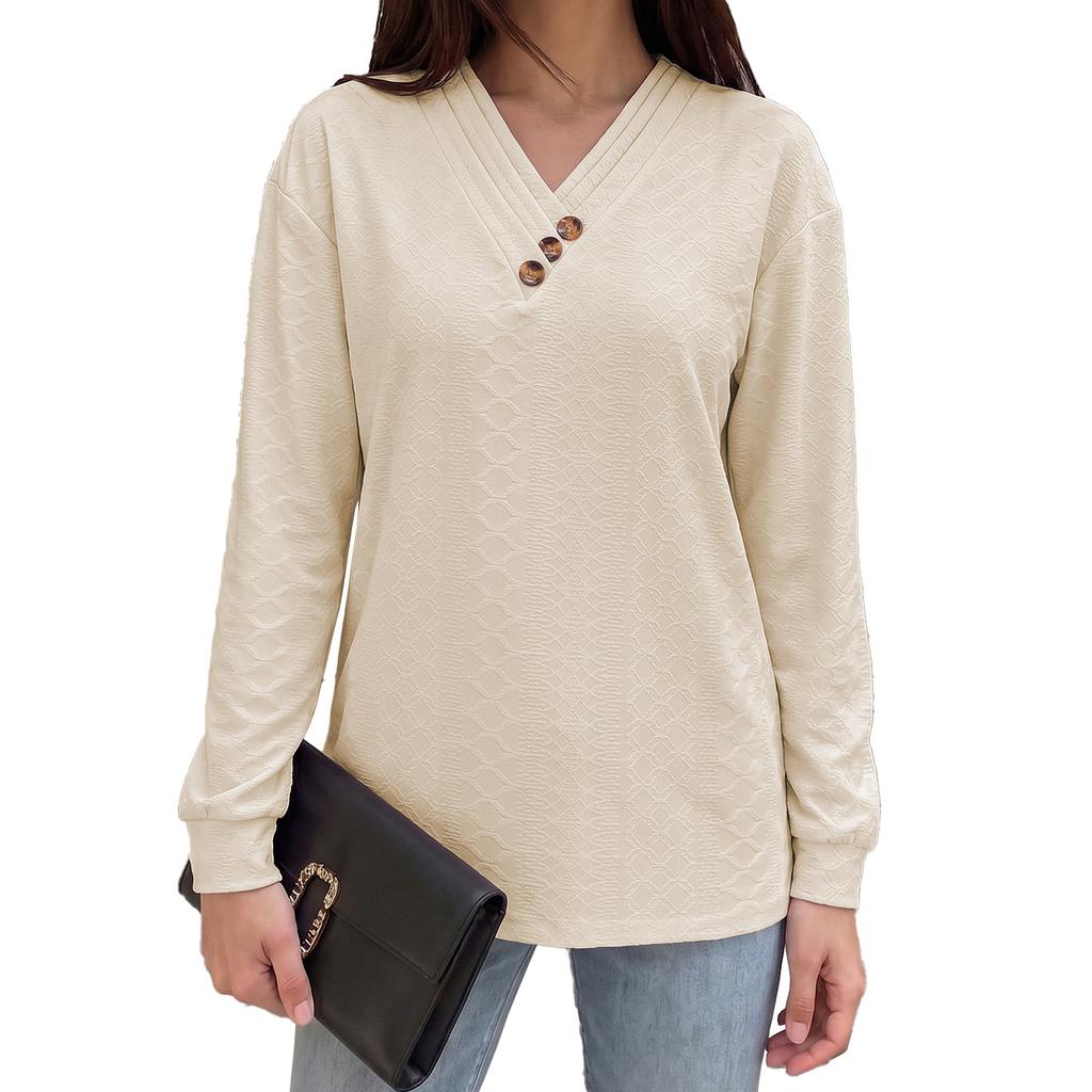 Solid Color V Neck Button Decor Loose Long Sleeve Casual T Shirt Top
