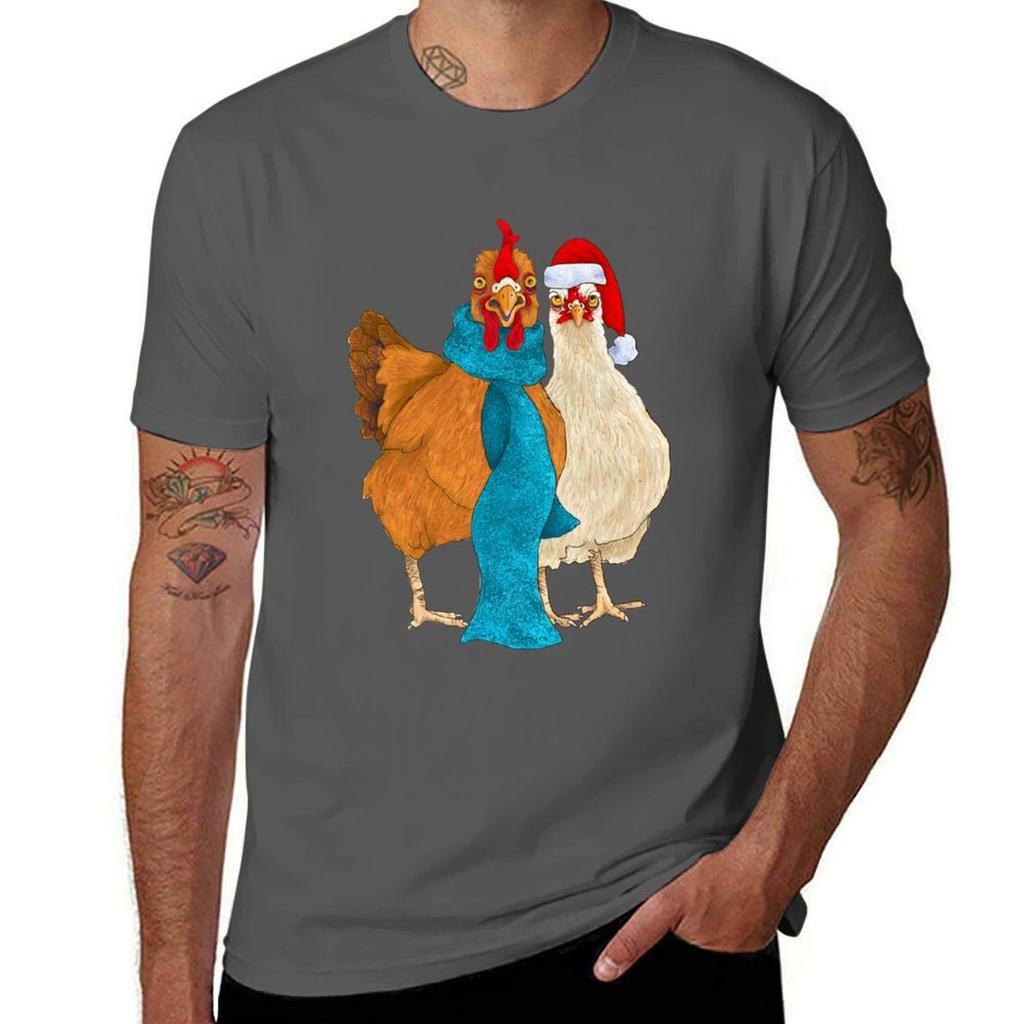 Silly Chickens In Scarves And Santa Hats Tshirt Holiday Casual Short Sleeve Top