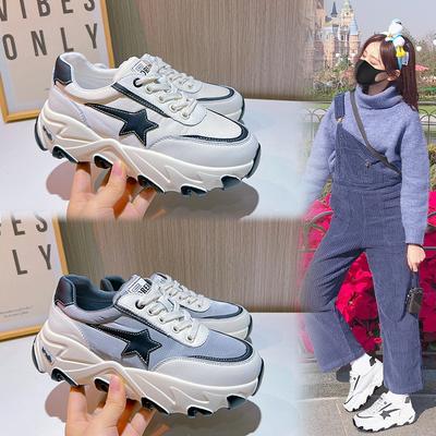 Leder-Dad-Schuhe Damen 2025 Frühling neue dicksohlige erhöhende Sportschuhe Damen flachsohlige lässige Lauf-Stars Damenschuhe