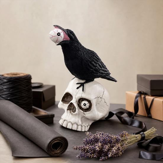 Yousheng Raven on Skull Halloween Home Decor, Gothic Crow on Skull Statue, Bird Perching on Skeleton Figurine, Macabre Ossuary