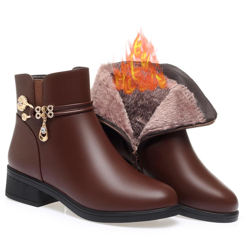 Coarse heel short boots women's autumn and winter new boots mother shoes soft leather soft sole elderly cotton shoes comfortable velvet leather shoes
