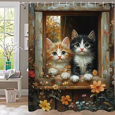 Lovely Cats Outside the Window Shower Curtain, Bathroom Decorative Shower Curtain, Printed Polyester Home Curtain with Hooks