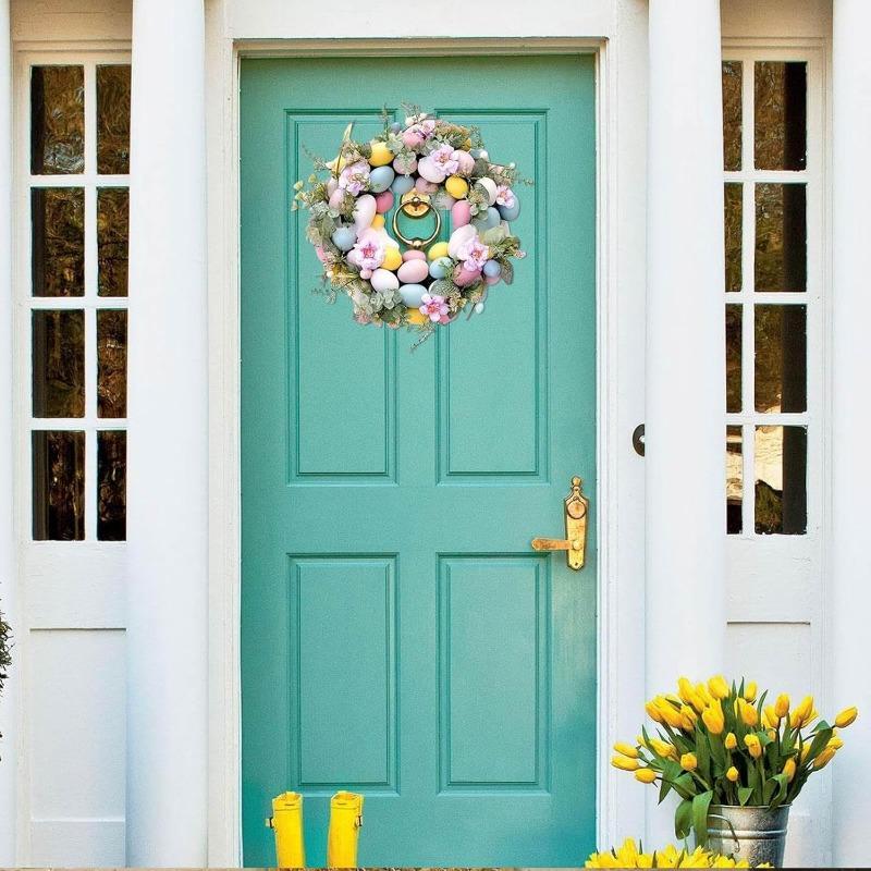 Coronițe de Paște pentru ușa din față, coroană pentru ouă de Paște, coroană de Paște artificială de 40 cm, ușă din față, coroană colorată de ouă de Paște cu frunze