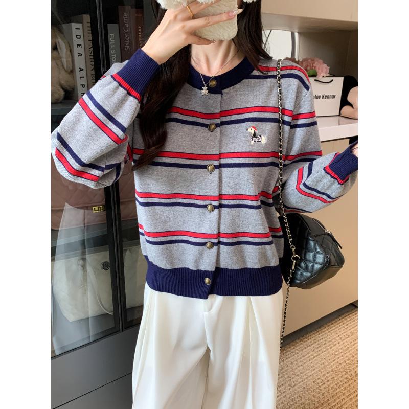 2025 Autumn/Winter Korean Chic Striped Knit Cardigan for Women