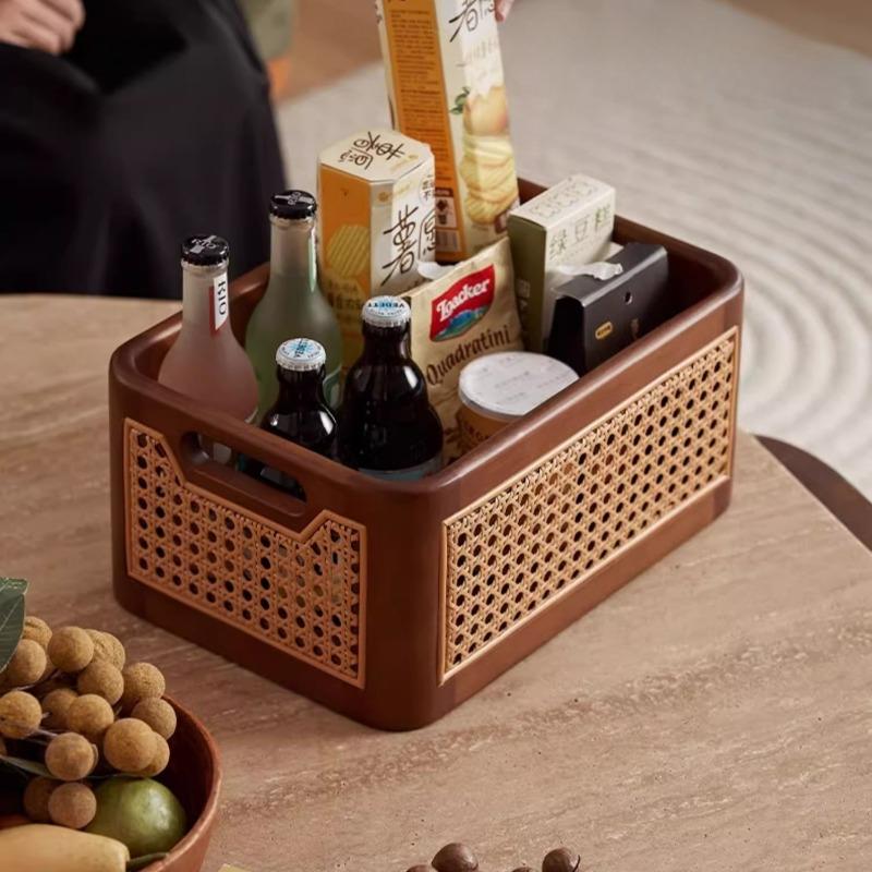 Luxury Rattan Storage Basket Rectangular Organizer Bin with Handles for Home Cosmetics Kitchen Accessories Desk Storage