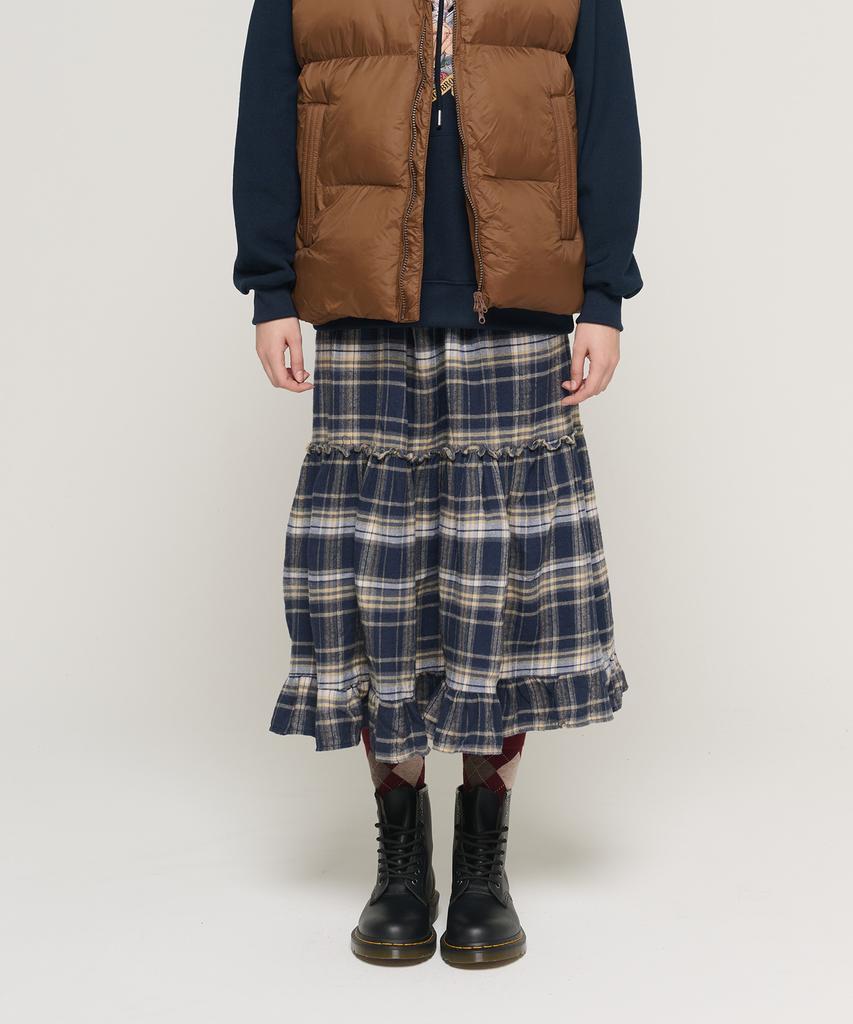 Cargo Bros For Woman Check Tiered Elastic Long Skirt (Navy)