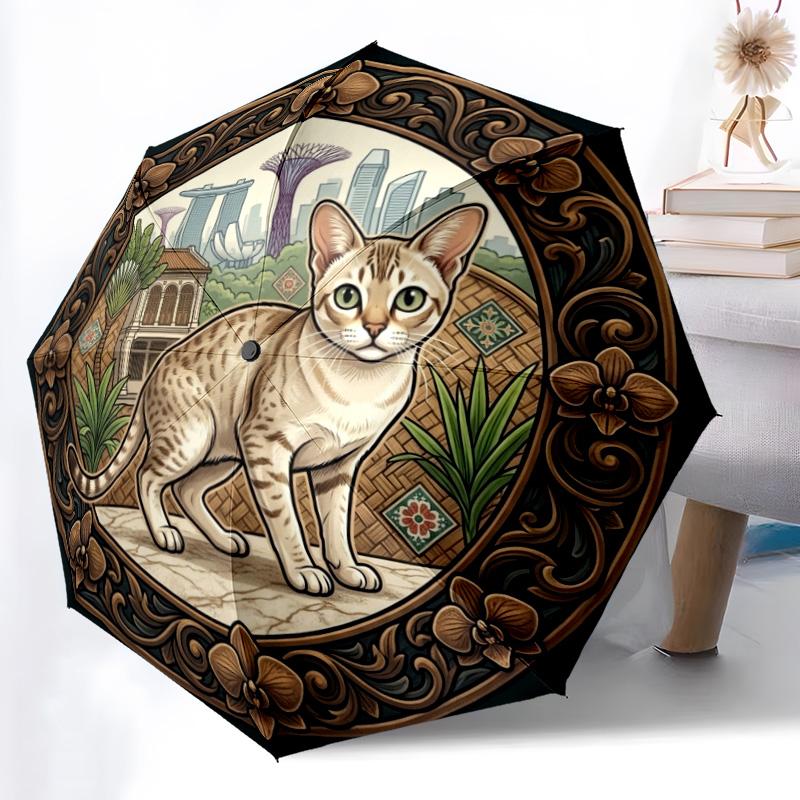 Ornate Cat Urban Garden pattern umbrella, portable and foldable design, 8 ribs, a casual accessory for Halloween, Christmas, and birthday gifts.