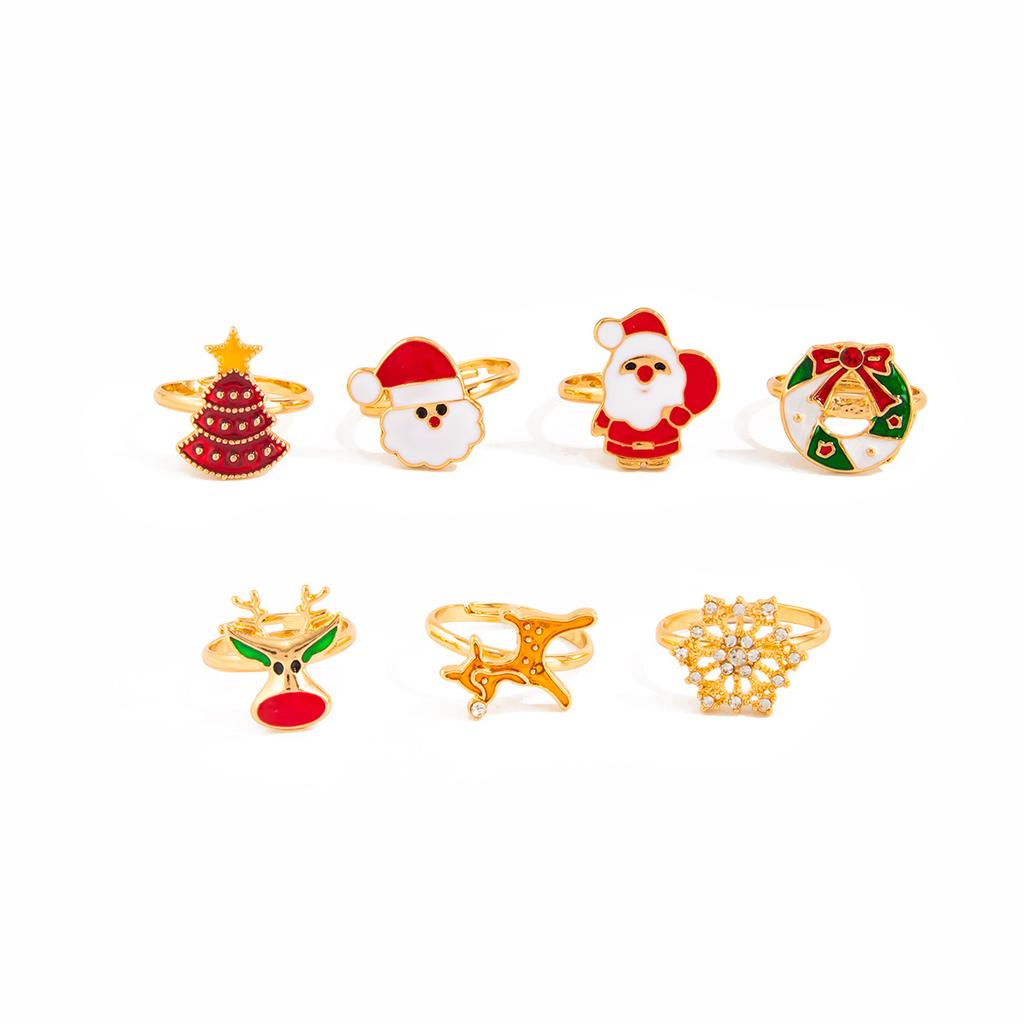 Cartoon Drip Santa Elk Ring, Creative Christmas Tree With Diamond Snowflake Opening Ring