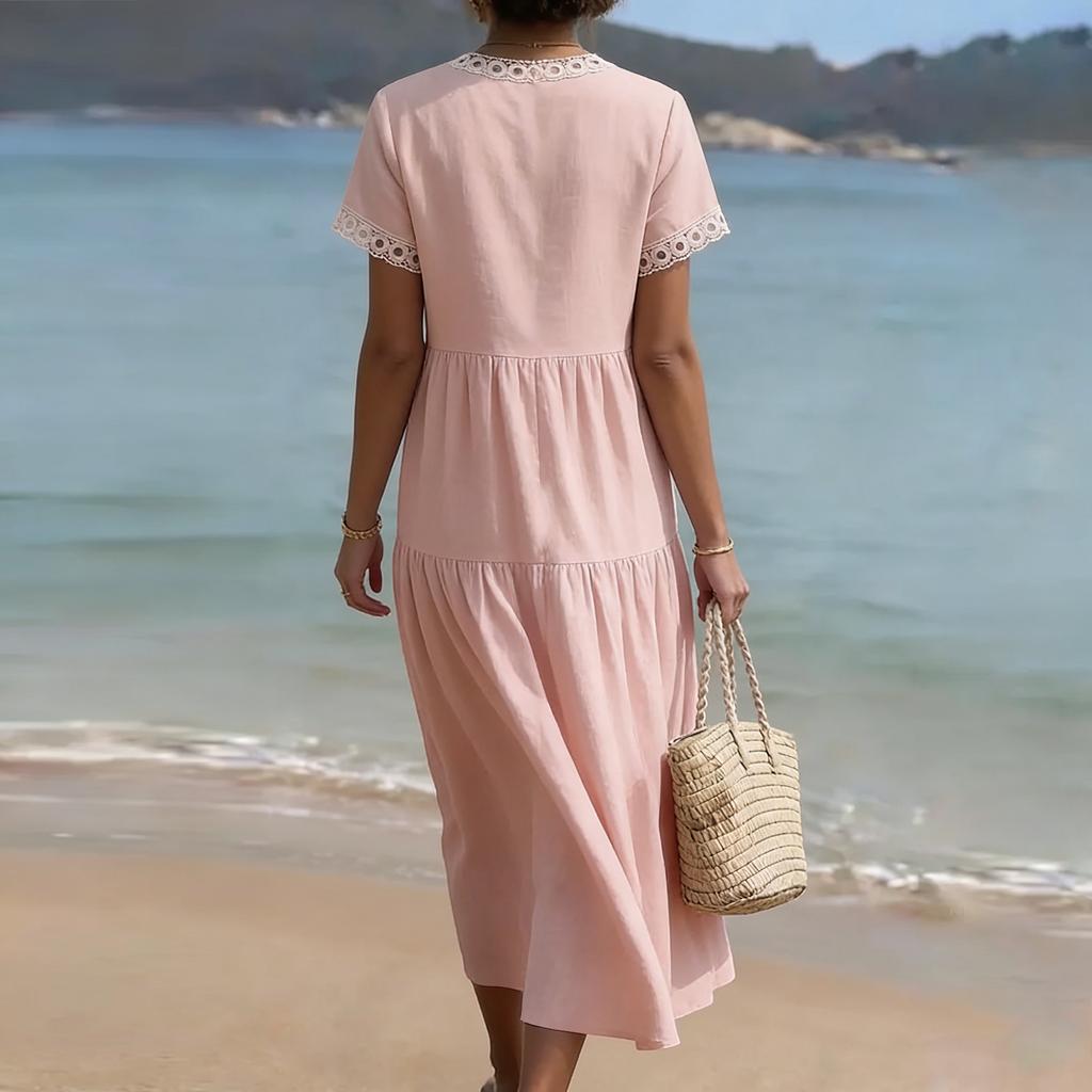 Damen Sommer Mode V-Ausschnitt Kurzarm Farbe Lässig Spitze Patchwork Kleid