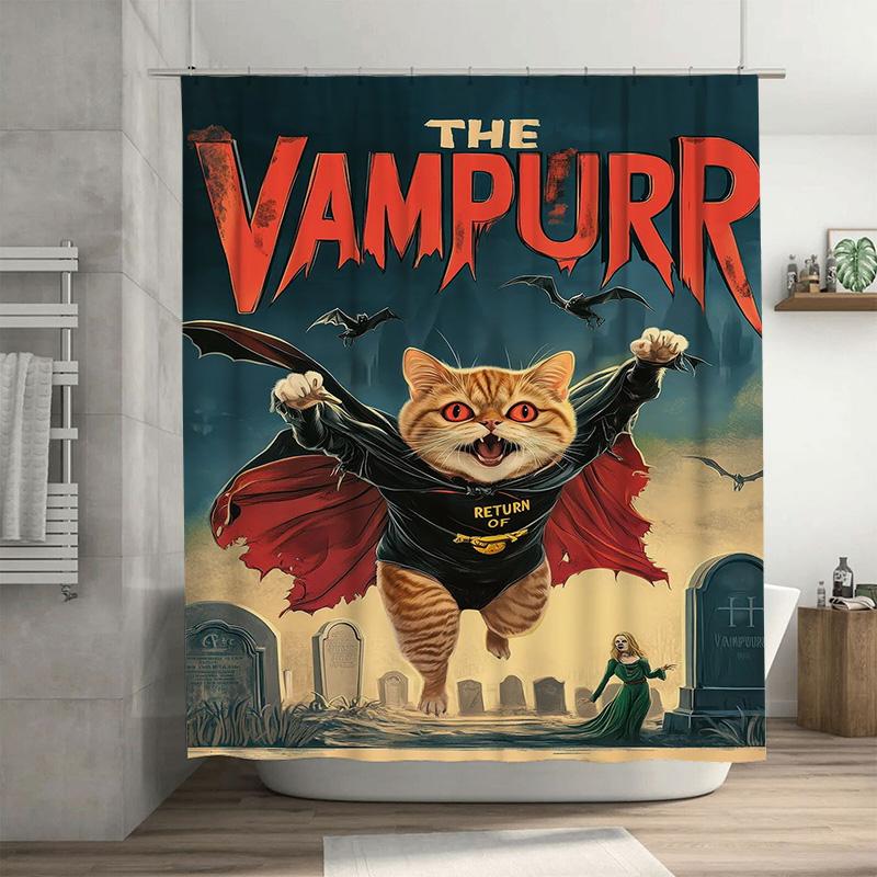 

Vampurr Cat Superhero Themed Shower Curtain Halloween Decor With Bats Graveyard Scene For Home Bathroom Decoration W60H190(CM)-1 Pcs