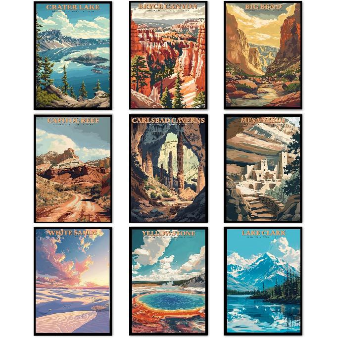 National Park Poster Retro Travel Posters Yellowstone Yosemite Arches Vintage National Mountain Canvas Wall Art for Modern Family Bedroom Decor