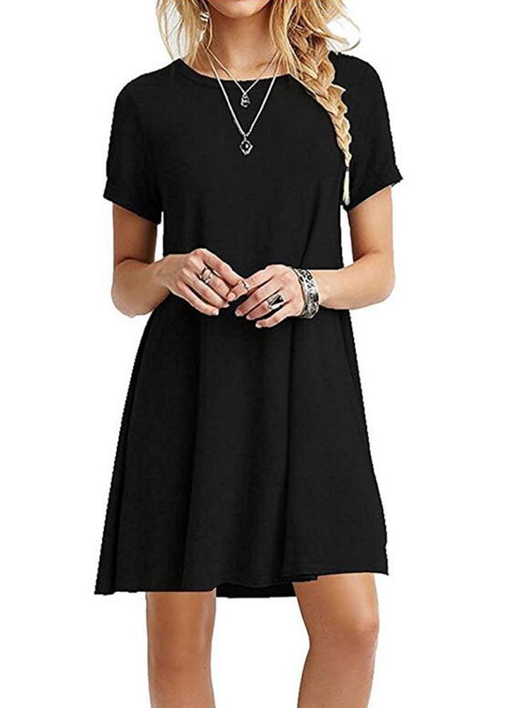 Elegant Short Sleeve Pleated Swing Round Neck Solid Color Loose Dress Women Casual Mini Beach Dress Vestidos