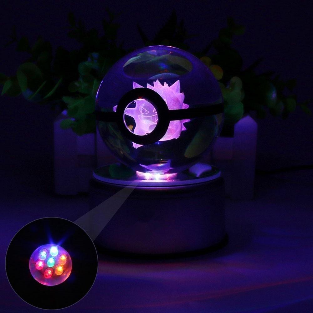 5cm  3D Crystal Ball Pikachu Eevee Mewtwo Carving Model LED Color Light Base Children's Gift Fans Toy Birthday Gift