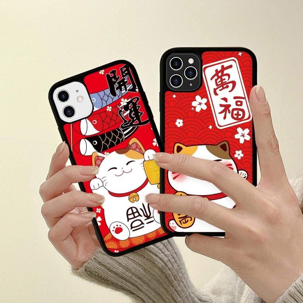 Maneki Neko Lucky Money Cat PC+TPU Phone Case For IPhone 11 12 13 14 15 16 17 Plus Pro Max Cover