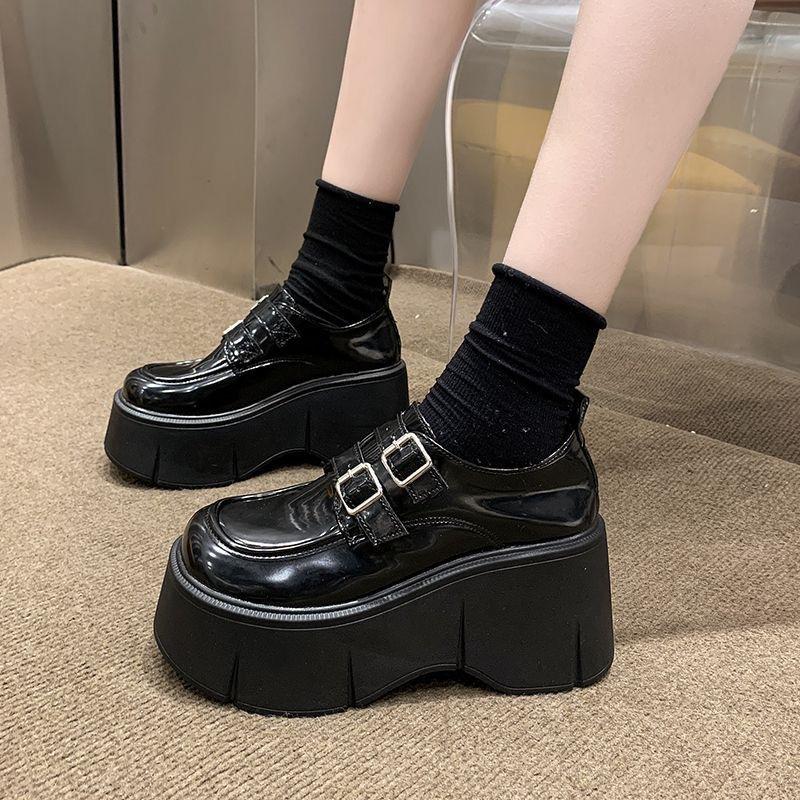 

Туфли на сверхвысокой платформе, маленькие кожаные туфли, женская обувь с увеличенной платформой, весна 2024, новые универсальные туфли Мэри Джейн с одной педалью 35 чёрный