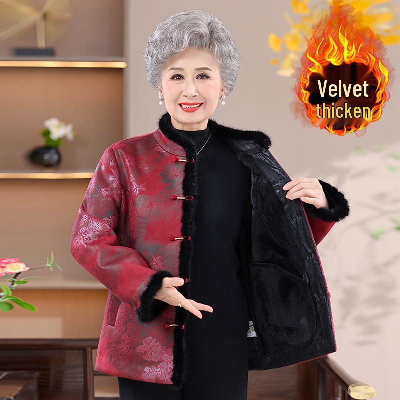Women's Fur Velvet Winter Coat for Elderly Ladies
