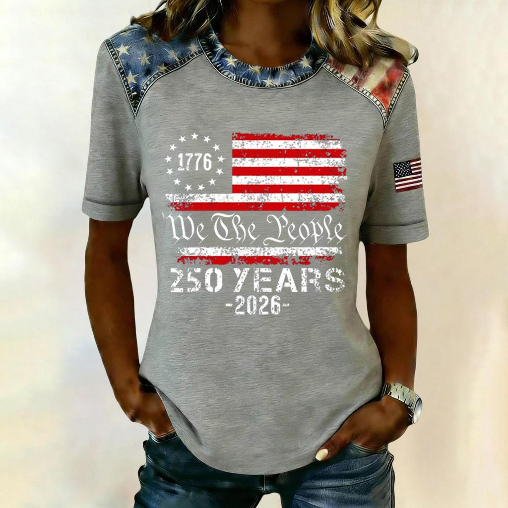 Women Casual Short Sleeve T Shirt Crew Neck Patriotic Letter Print Top Slim Fit Lightweight Tee for Everyday Wear