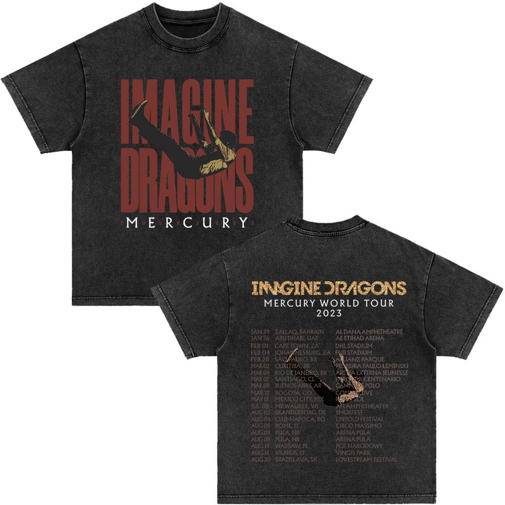 Imagine Dragons Loom World Tour Vintage Washed T Shirt Rock Band Tshirt Men Women High Quality Cotton Short Sleeve T Shirt