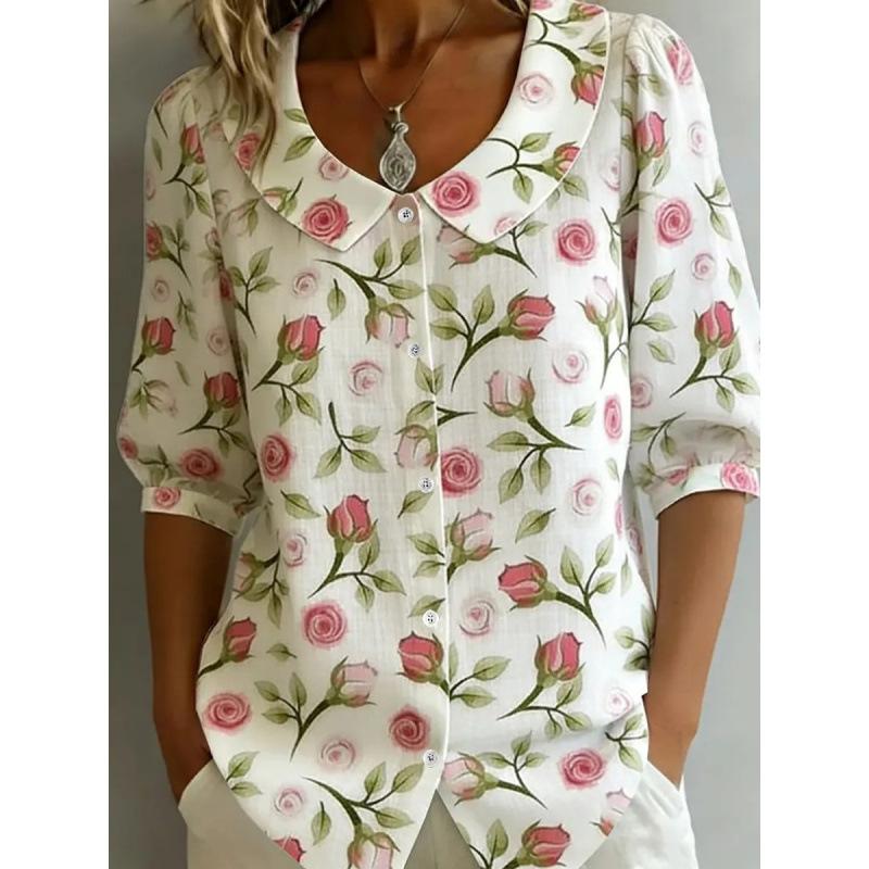 Blusa de Mujer con Estampado Floral, Cuello Peter Pan, Mangas Cortas Abullonadas, Botones