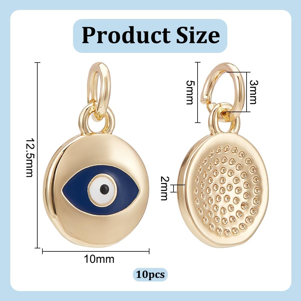BENECREAT 10Pcs 18K Gold Plated Midnight Blue Evil Eye Enamel Charms, Flat Round Pendants with Jump Rings for DIY Necklace Bracelet Jewelry Making