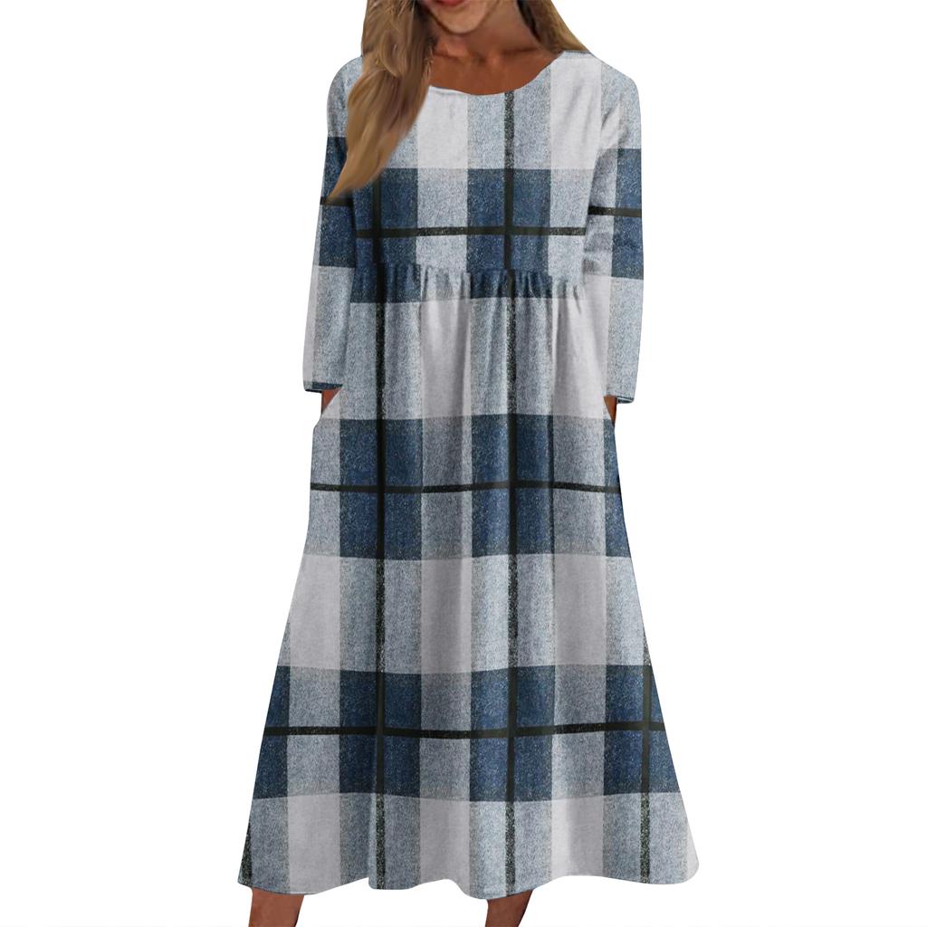 Women's Casual Round Neck Plaid Print Midi Dress Long Sleeve Pocket Dress