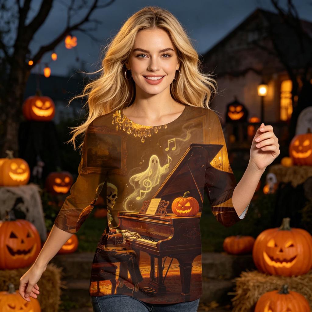 Women's Casual Halloween Graphic Top Three Quarter Sleeve Round Neck Shirt Lightweight Soft Fabric Comfortable Fit