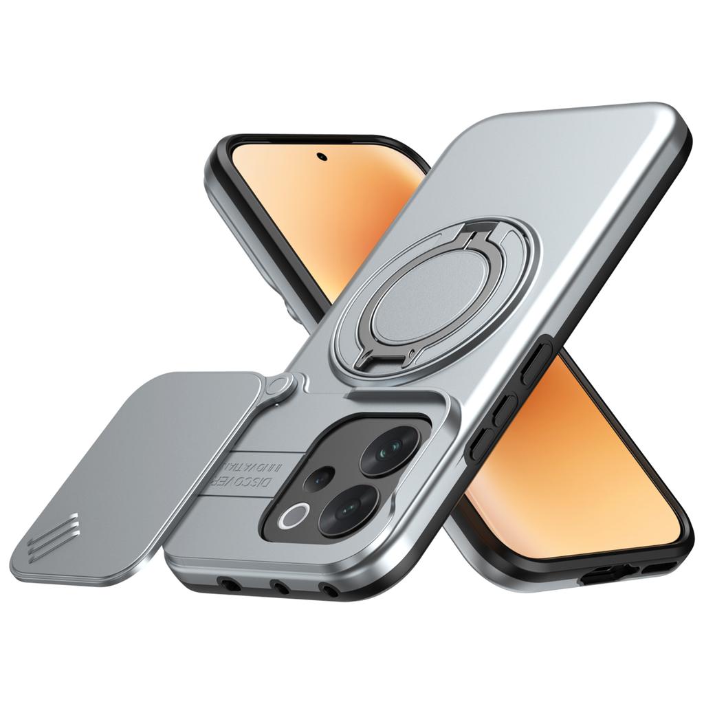 Sliding Camera Lens Cover Armor Phone Case For VIVO V70 V2538 V70Elite V2548 Metal Ring Stand TPU Frame Plastic Shockproof Shell