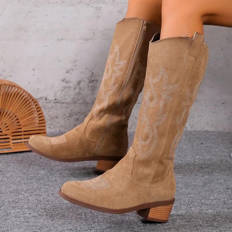 Spring and Autumn Thick Heel V Mouth Show Thin Tall Long Boots Embroidered Retro Western Cowboy Boots Restore Ancient Style