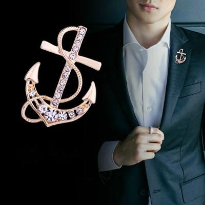European Fashion Gold Color Crystal Anchor Brooch Fashion Boat Rudder Collar Pins Jewelry Shirt Collar Suit Pin Brooch Man Gifts