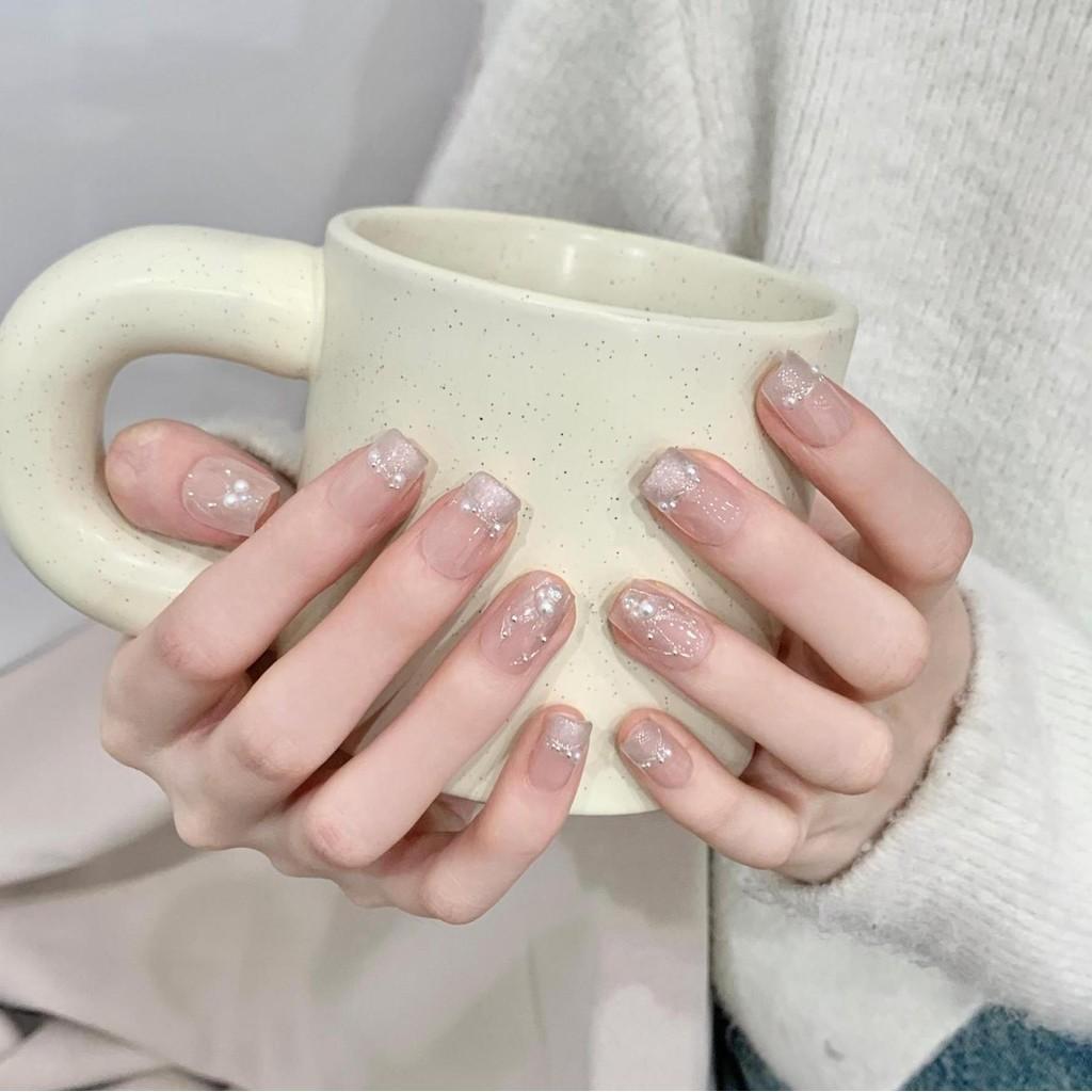 Unghie artificială FĂCUTĂ MÂNĂ Coada de sirenă Perla Ochi de pisică francez Unghii scurte pentru fototerapie Unghii false Unghii reutilizabile și detașabile