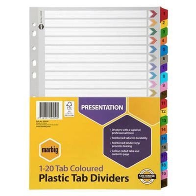Marbig Manilla Plastic Tab Dividers A4 (Coloured) (1-20 Tab)