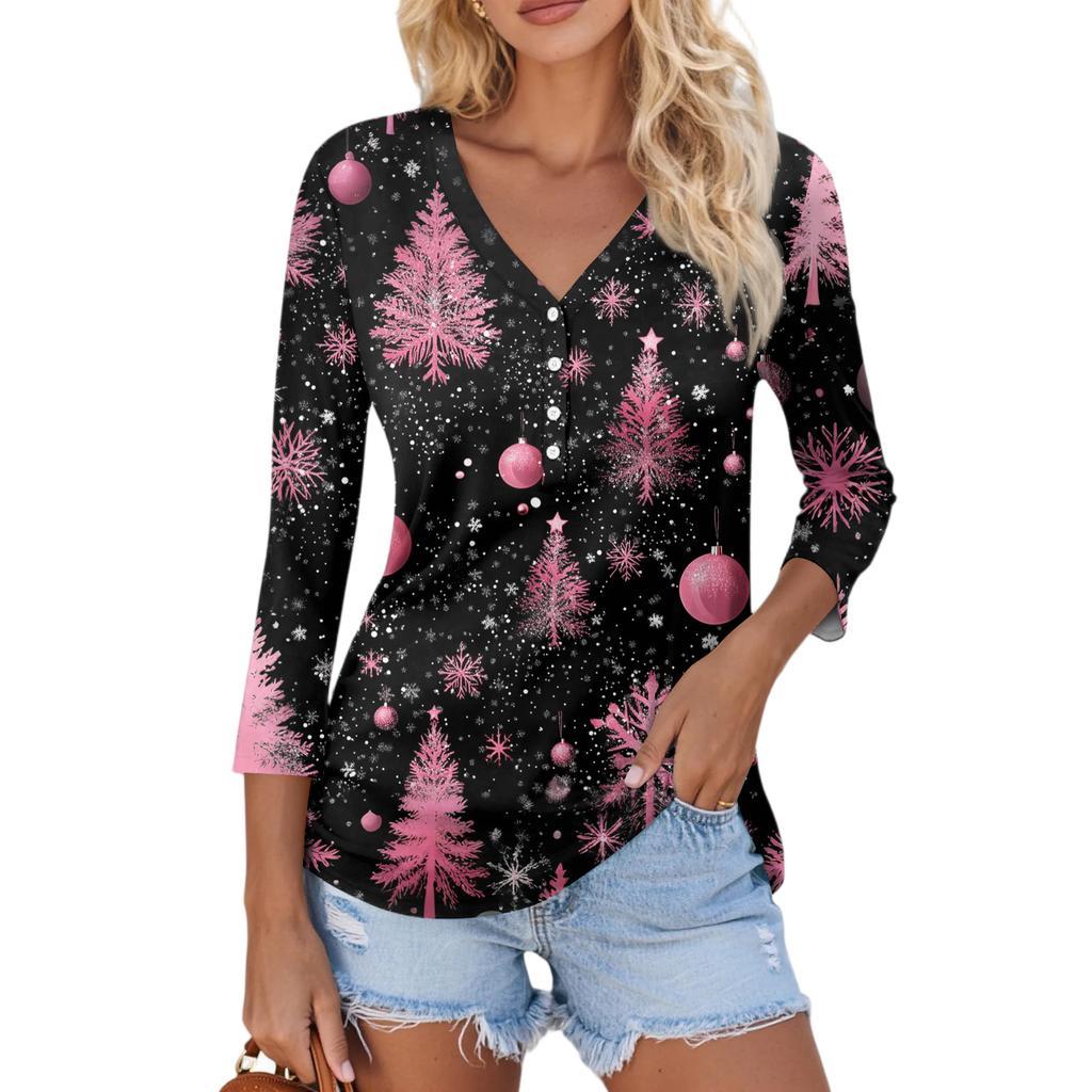 Women's Casual Fashion Sexy Comfortable Christmas Print V-Neck Button Three-quarter Sleeve Top