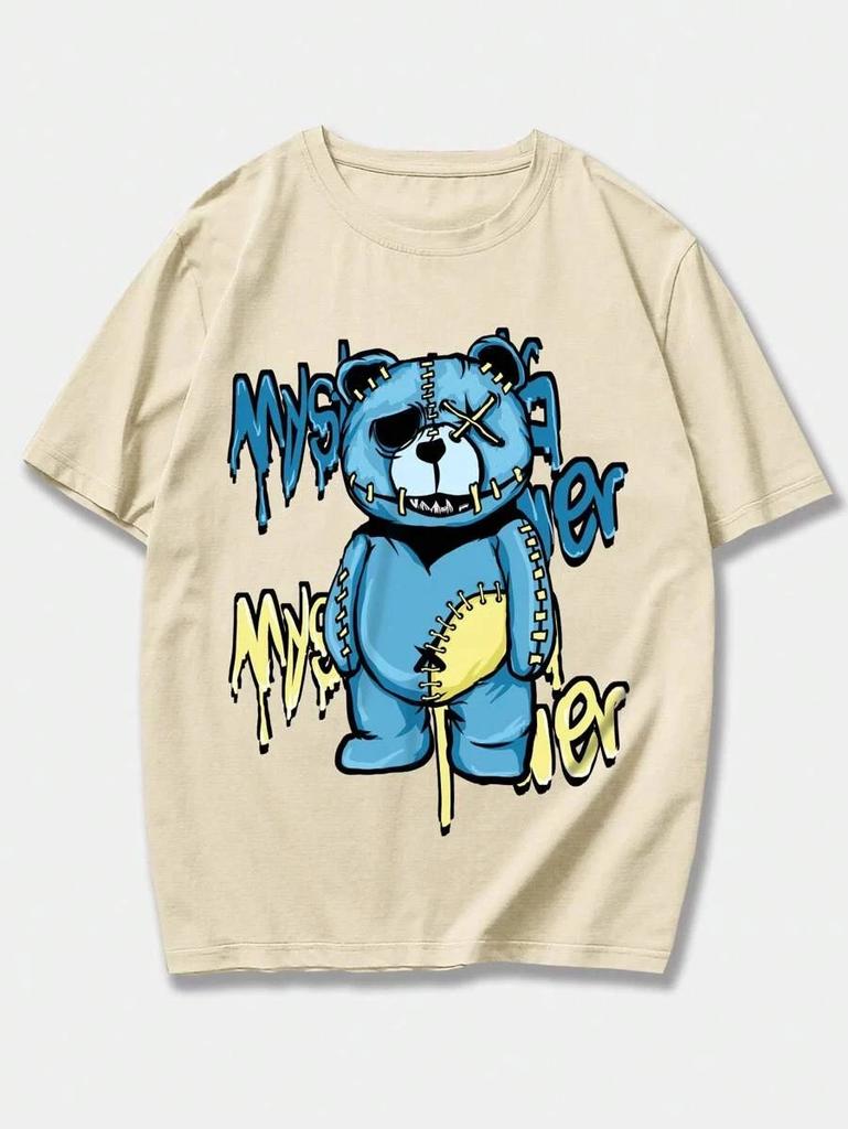 Street Life Men Bear & Letter Graphic Tee – Drop Shoulder Streetwear T-Shirt