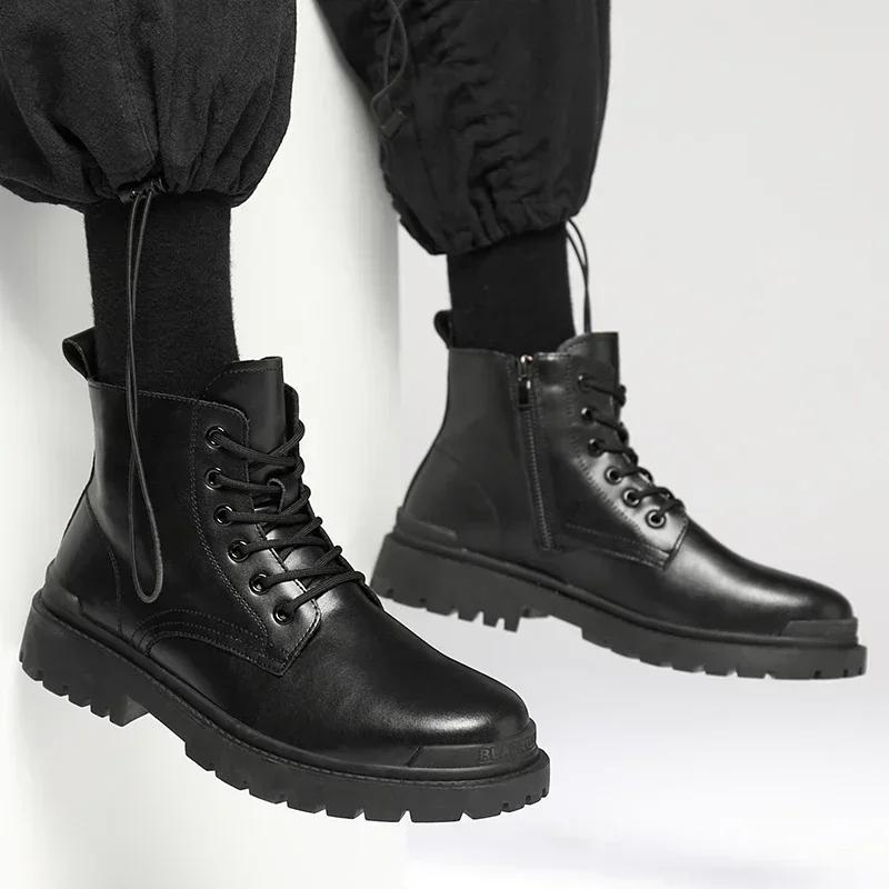 Fashion Men's Round-toe Motorcycle Shoes Casual Work Shoe High-top Fashion Non-slip Trendy Versatile Business Leather Shoes Mens Boot