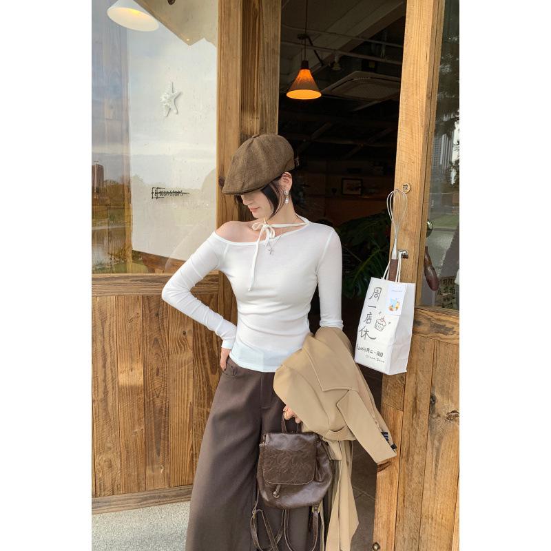 Petite Korean Halter Neck Off-Shoulder Long Sleeve Women's Shirt, Autumn Winter 2025 Collection