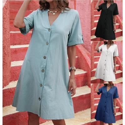 Women's Dress Short Sleeved Mid Length Single Breasted V-neck Loose Solid Color A-line Casual Dresses