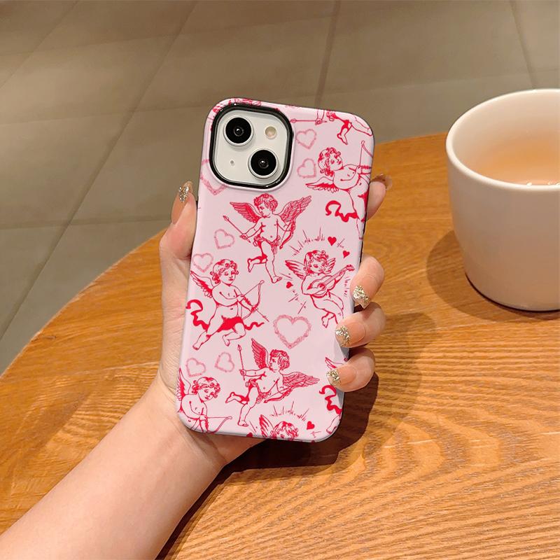 Light Pink Red Cupid Angel Heart Line Print Soft Silicone Shockproof Phone Case Romantic Valentine Gift For iPhone 17 16 15 14 13 12 11 Pro Max Mini