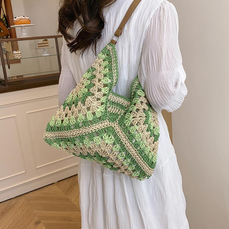 Retro contrasting color bag women's new imitation straw woven bag vacation beach bag casual armpit bag