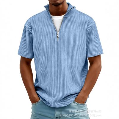 Summer New Men's Solid Color Zipper Striped Casual Short Sleeve T-Shirt